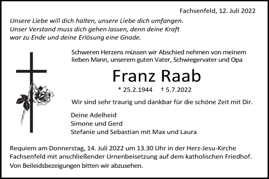 Traueranzeige von Franz Raab von Schwäbische Post