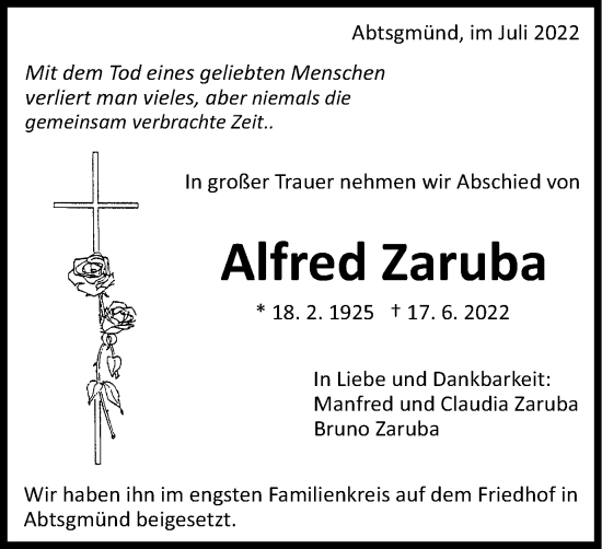 Traueranzeige von Alfred Zaruba von Schwäbische Post