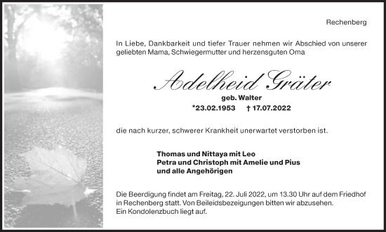 Traueranzeige von Adelheid Gräter von Schwäbische Post
