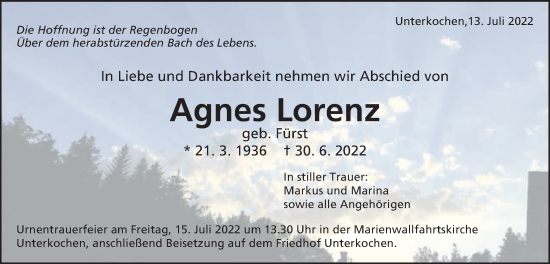 Traueranzeige von Agnes Lorenz von Schwäbische Post