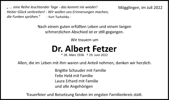 Traueranzeige von Albert Fetzer von Gmünder Tagespost