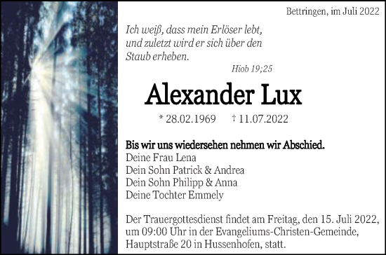 Traueranzeige von Alexander Lux von Gmünder Tagespost