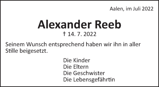 Traueranzeige von Alexander Reeb von Schwäbische Post