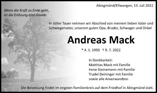Traueranzeige von Andreas Mack von Schwäbische Post