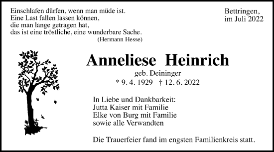 Traueranzeige von Anneliese Heinrich von Gmünder Tagespost