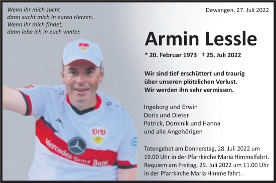 Traueranzeige von Armin Lessle von Schwäbische Post