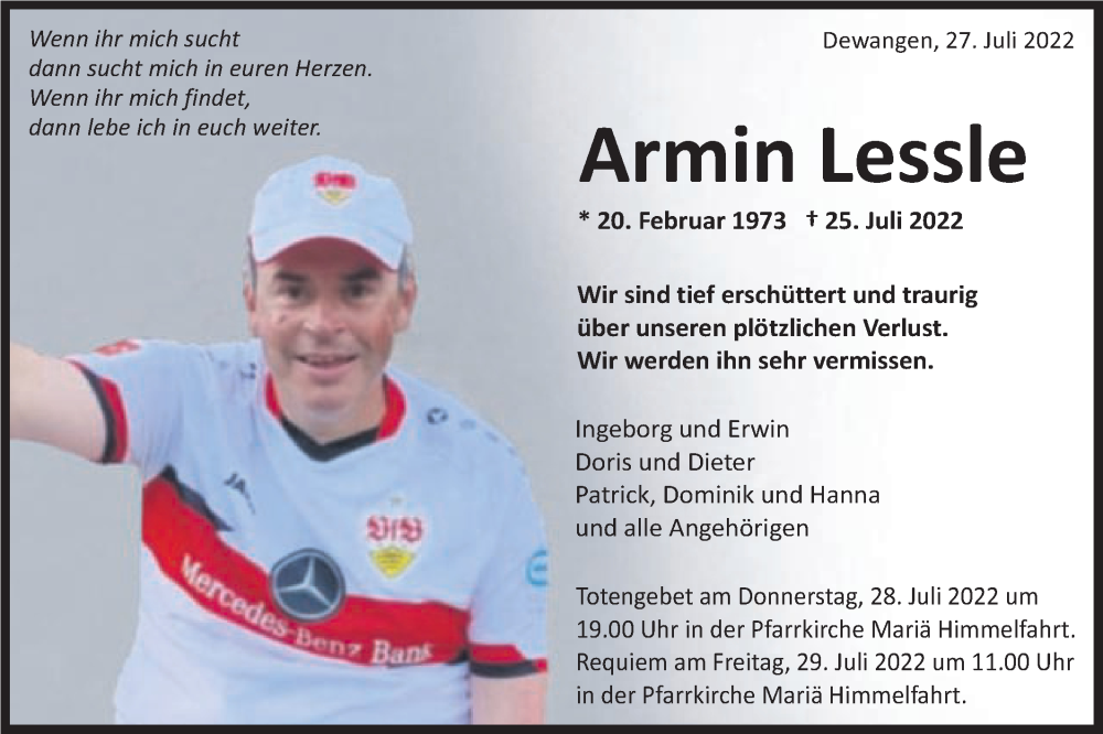  Traueranzeige für Armin Lessle vom 27.07.2022 aus Schwäbische Post