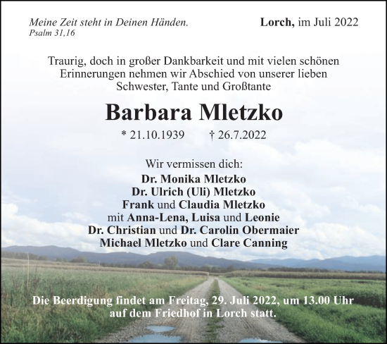 Traueranzeige von Barbara Mletzko von Gmünder Tagespost