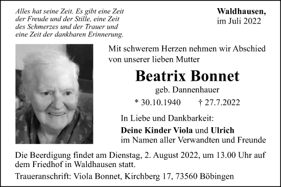 Traueranzeige von Beatrix Bonnet von Gmünder Tagespost