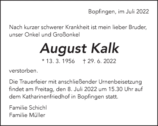 Traueranzeige von August Kalk von Schwäbische Post