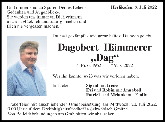 Traueranzeige von Dagobert Hämmerer von Gmünder Tagespost