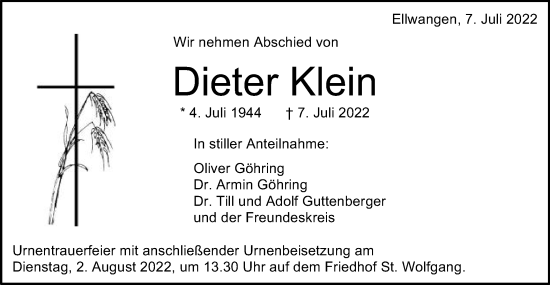 Traueranzeige von Dieter Klein von Schwäbische Post