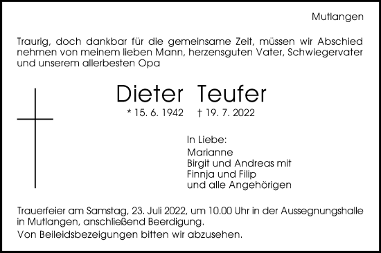 Traueranzeige von Dieter Teufer von Gmünder Tagespost