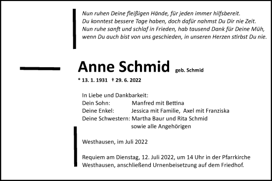 Traueranzeige von Anne Schmid von Schwäbische Post