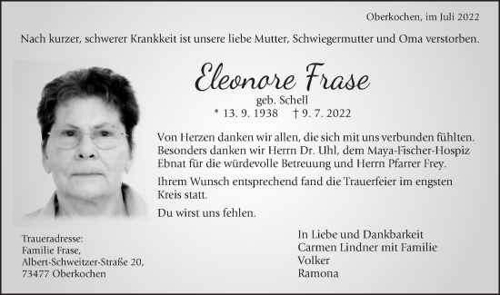 Traueranzeige von Eleonore Frase von Schwäbische Post
