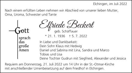 Traueranzeige von Elfriede Beckert von Schwäbische Post