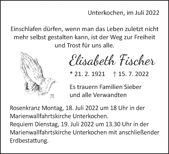 Traueranzeige von Elisabeth Fischer von Schwäbische Post