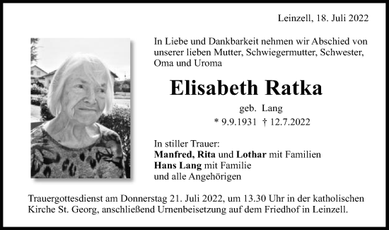 Traueranzeige von Elisabeth Ratka von Gmünder Tagespost