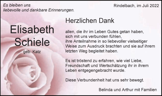 Traueranzeige von Elisabeth Schiele von Schwäbische Post