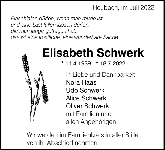 Traueranzeige von Elisabeth Schwerk von Gmünder Tagespost
