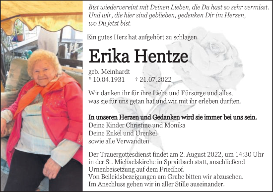 Traueranzeige von Erika Hentze von Gmünder Tagespost