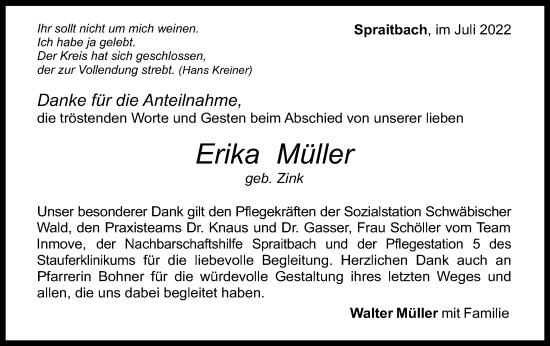 Traueranzeige von Erika Müller