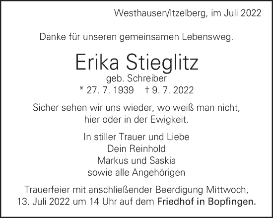 Traueranzeige von Erika Stieglitz von Schwäbische Post