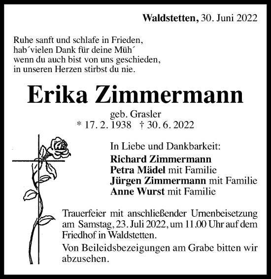 Traueranzeige von Erika Zimmermann von Gmünder Tagespost
