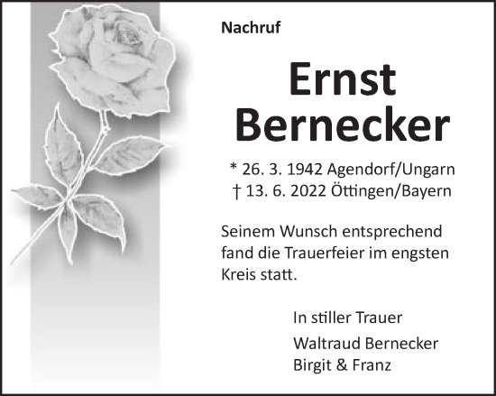 Traueranzeige von Ernst Bernecker von Schwäbische Post