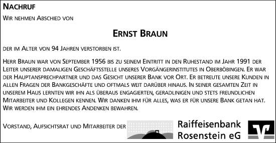 Traueranzeige von Ernst Braun von Gmünder Tagespost