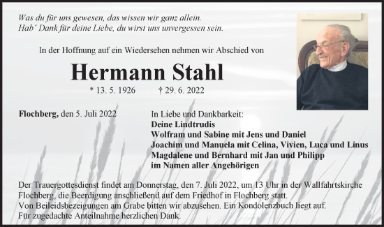 Traueranzeige von Hermann Stahl von Schwäbische Post