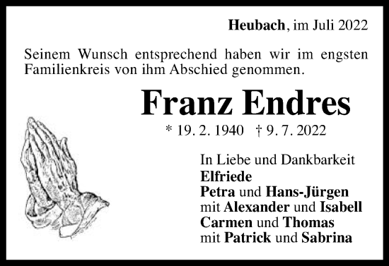 Traueranzeige von Franz Endres