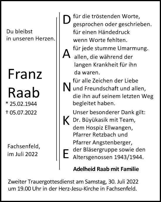 Traueranzeige von Franz Raab von Schwäbische Post