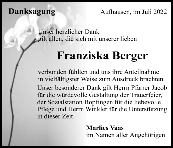 Traueranzeige von Franziska Berger von Schwäbische Post