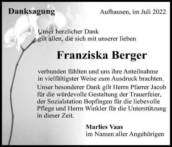 Traueranzeige von Franziska Berger von Schwäbische Post
