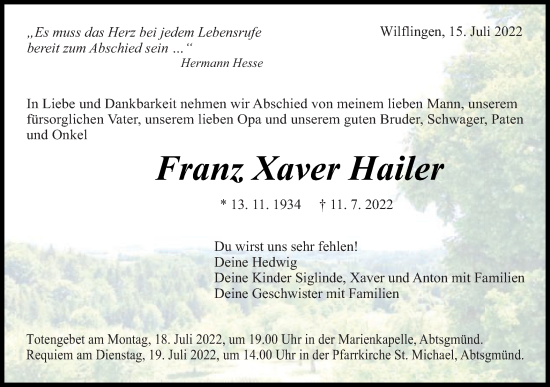 Traueranzeige von Franz Xaver Hailer von Schwäbische Post