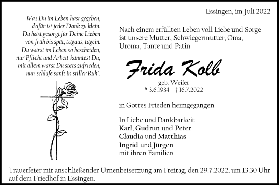 Traueranzeige von Frida Kolb von Schwäbische Post