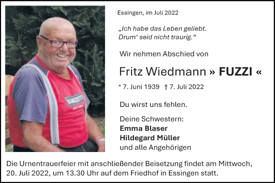 Traueranzeige von Fritz Wiedmann von Schwäbische Post