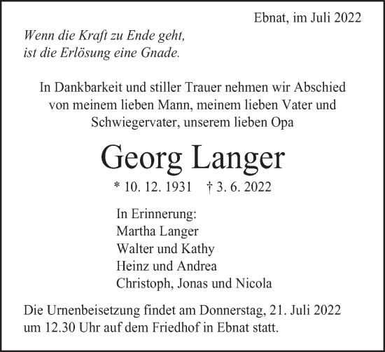 Traueranzeige von Georg Langer von Schwäbische Post