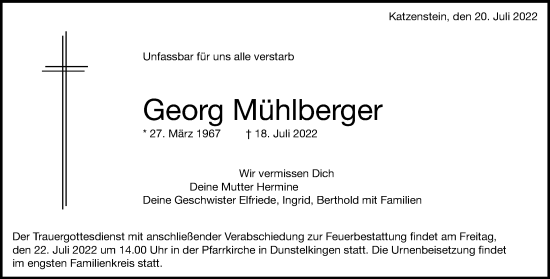 Traueranzeige von Georg Mühlberger von Schwäbische Post