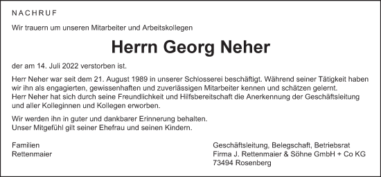 Traueranzeige von Georg Neher von Schwäbische Post