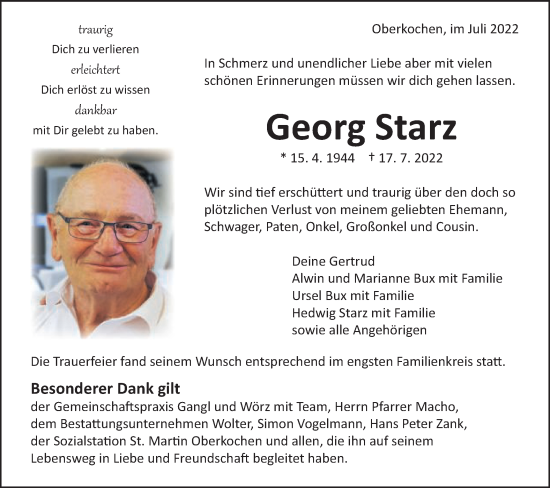 Traueranzeige von Georg Starz von Schwäbische Post