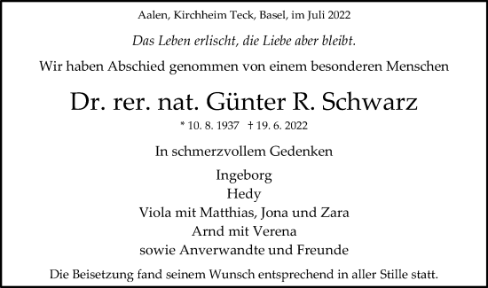 Traueranzeige von Günter R. Schwarz von Schwäbische Post