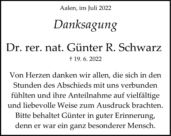 Traueranzeige von Günter R. Schwarz von Schwäbische Post