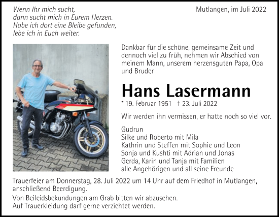Traueranzeige von Hans Lasermann von Gmünder Tagespost