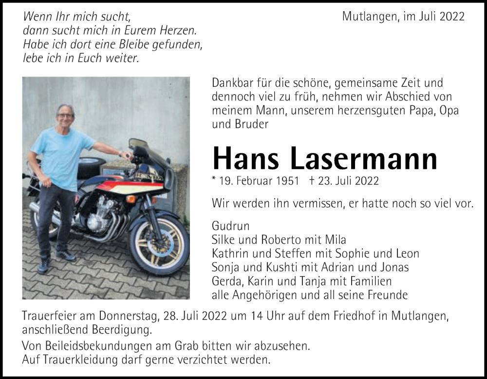  Traueranzeige für Hans Lasermann vom 27.07.2022 aus Gmünder Tagespost
