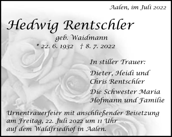 Traueranzeige von Hedwig Rentschler von Schwäbische Post