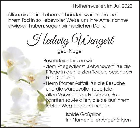 Traueranzeige von Hedwig Wengert von Schwäbische Post