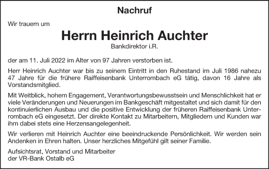 Traueranzeige von Heinrich Auchter von Schwäbische Post