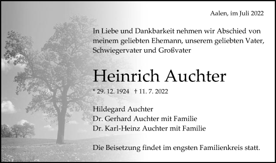 Traueranzeige von Heinrich Auchter von Schwäbische Post